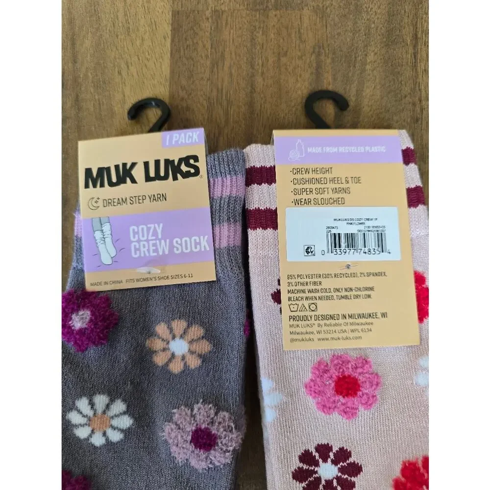 MUK LUKS Women's Dream Step Cozy Crew Sock, 1-Pack Lot of 2 Pink/Purple  Flowers